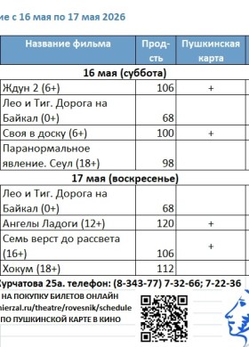 Расписание киносеансов на 16 - 17 мая