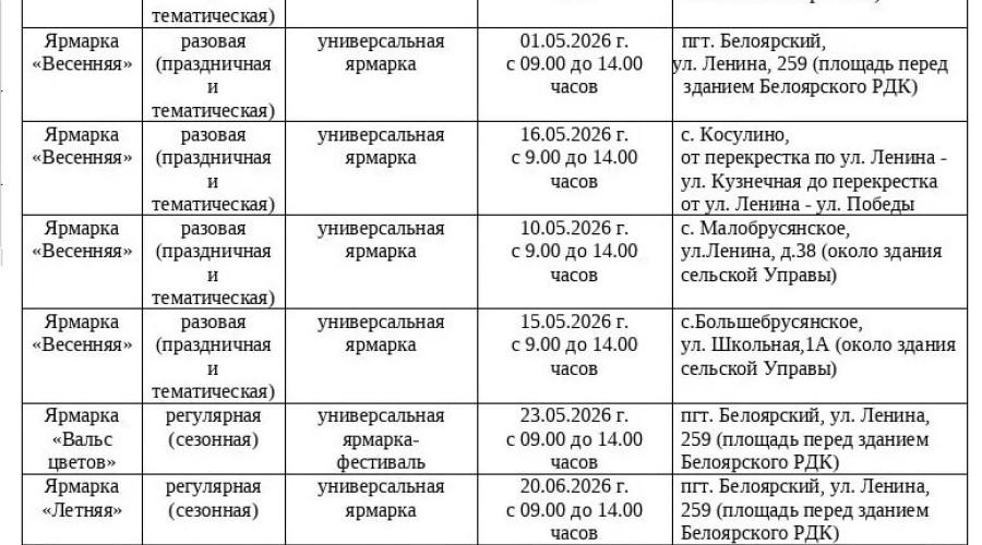 Расписание сезонных ярмарок в Белоярском муниципальном округе